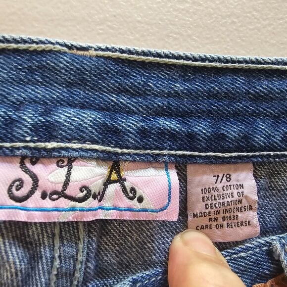 S.L.A. Jeans Junior 7 8 Cut Off Floral Embroidered Straight Leg Medium Wash Blue - Picture 4 of 16